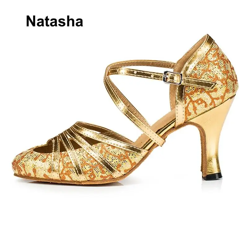 Новая обувь для латиноамериканских танцев взрослых Natasha черные золотые туфли