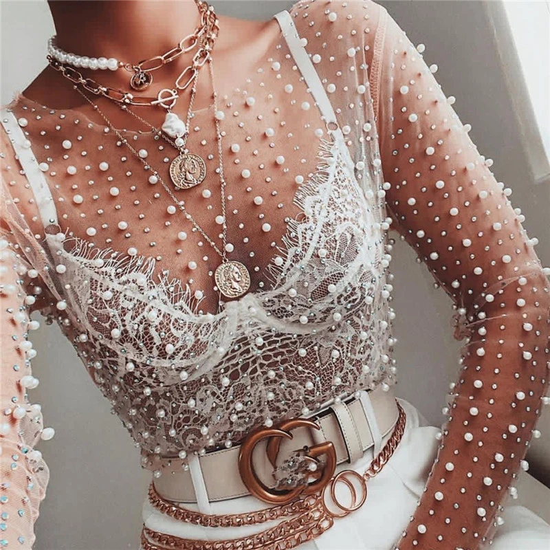 

Women's sexy lace blouse shirt with bright diamond tops perspective pink color shirts female