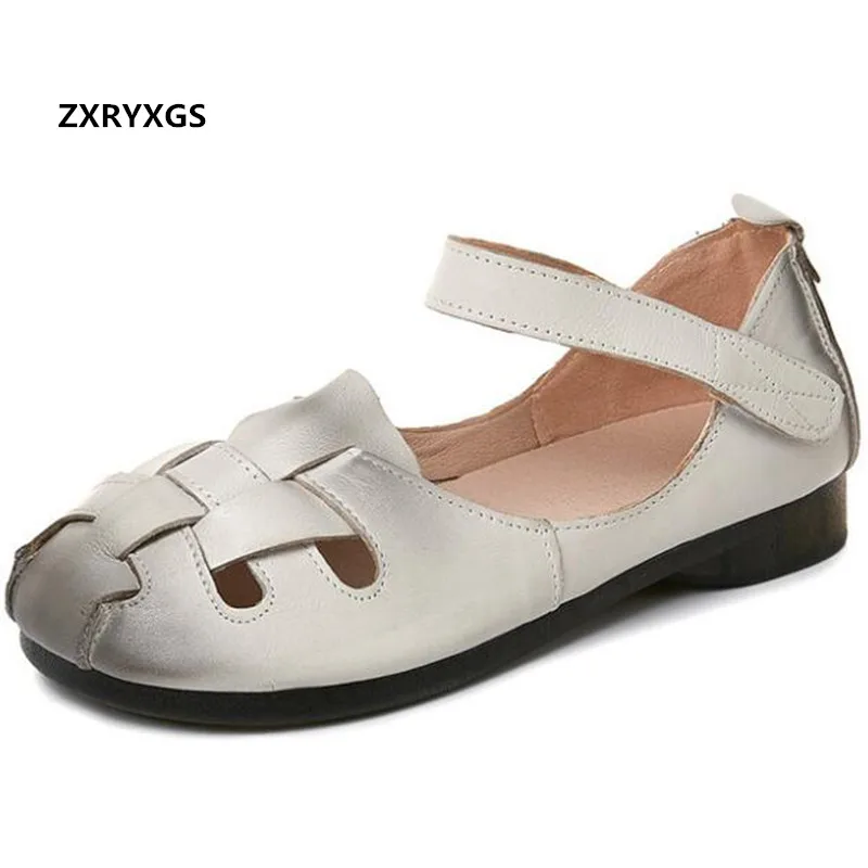 

ZXRYXGS 2021 New Round Toe Hollow Genuine Leather Sandals Flat Casual Elegance Sandals Comfortable Soft Sole Women Shoes Sandals