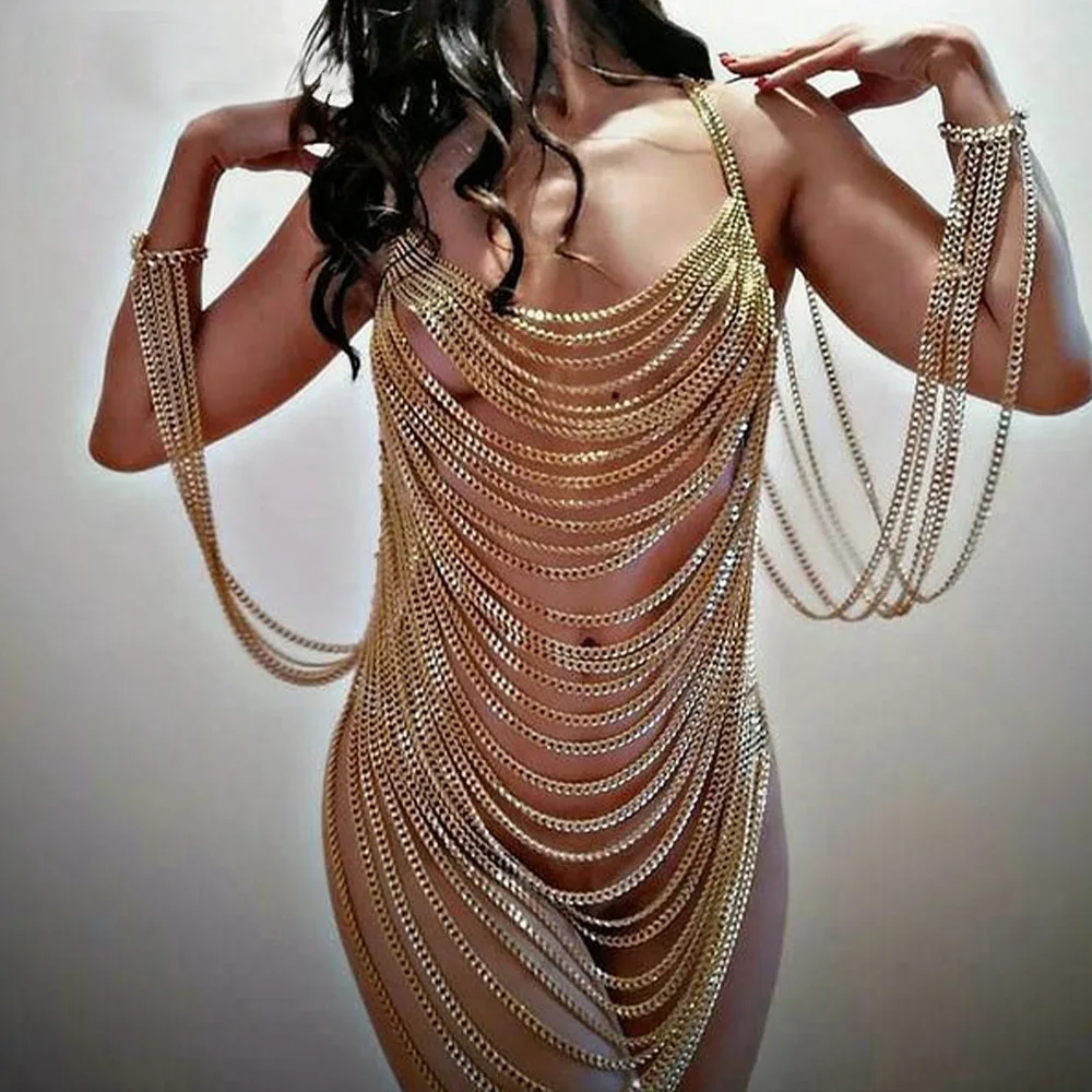 

Metal Body Chain Layered Bodysuit Women Clothes 2022 Sexy Sreetwear Hot Exotic Underwear Dresses Bodies Hip Chain Belt Jewelry