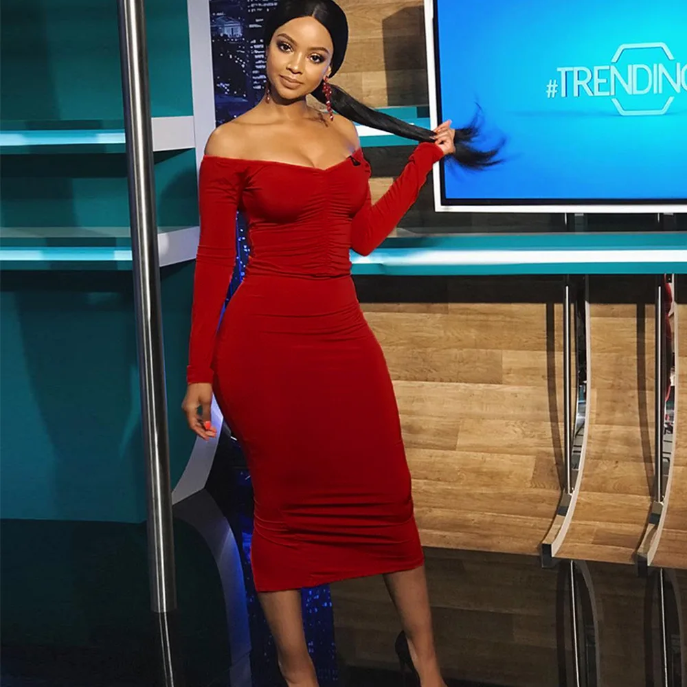 Сексуальное облегающее платье с вырезом лодочкой длинным рукавом и высокой