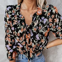 womens blouses and shirt 2022 ruffle bow v neck casual female blouse floral print streetwear blusas shirts top