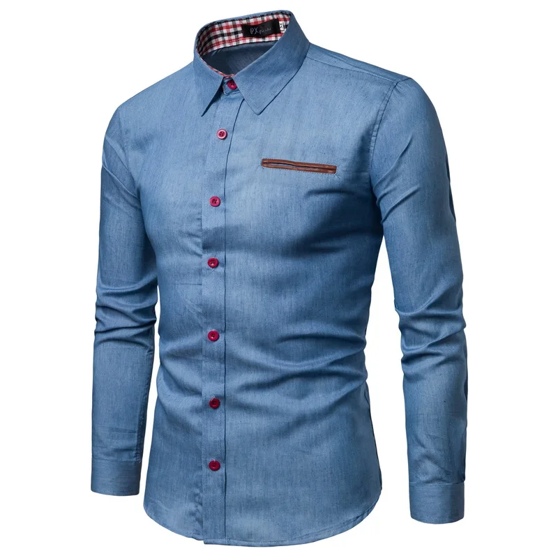 

2021 men's long-sleeved shirt, pocket patchwork leather design, pure cotton denim shirt