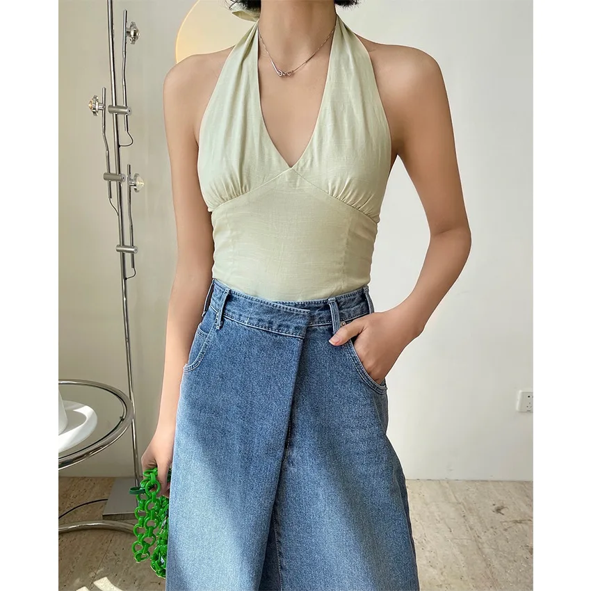 Europe And The United States Beach Style Sexy Temperament Fashionable V-Band Hanging Neck Strap Show Thin Short Top