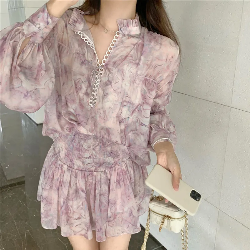 

Spring Fall Chiffon Print 3pcs Sets Long Sleeve Shirt Blouse + Camisole + Skirts Sets Fashion Streetwear Tops Vest Skirt Suits