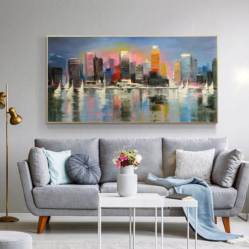 

City Building Rain Boat Poster Scenery Pictures Room Decoration Abstract Oil Painting On Canvas Wall Art For Living Room Cuadros