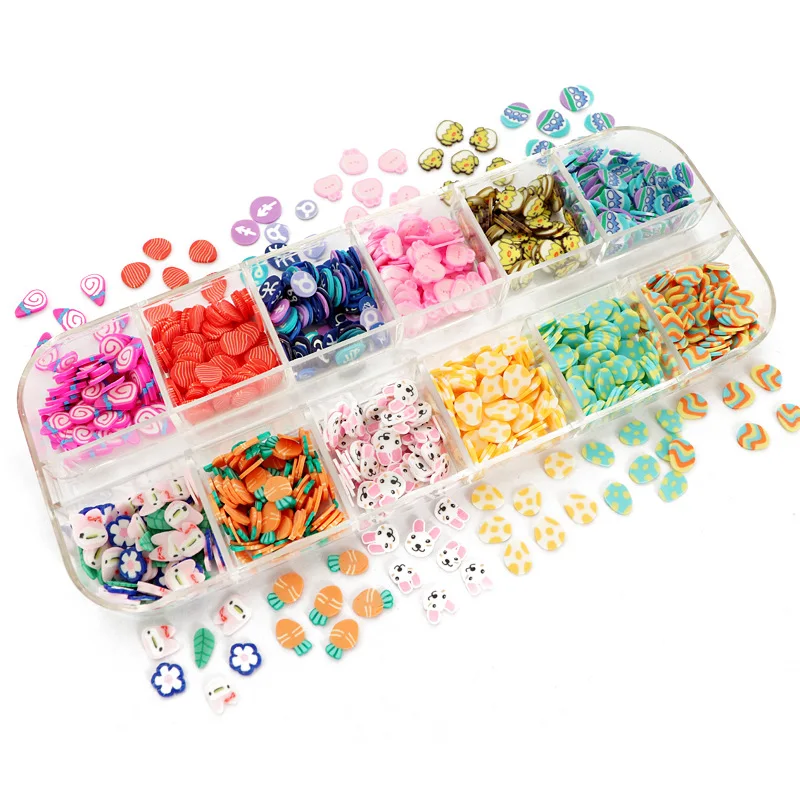 

12 Grids/Set Easter Day Eggs Polymer Clay Slices Slimes Nail Sequins Manicure 3D Flakes Easter Bunny Design Decorations