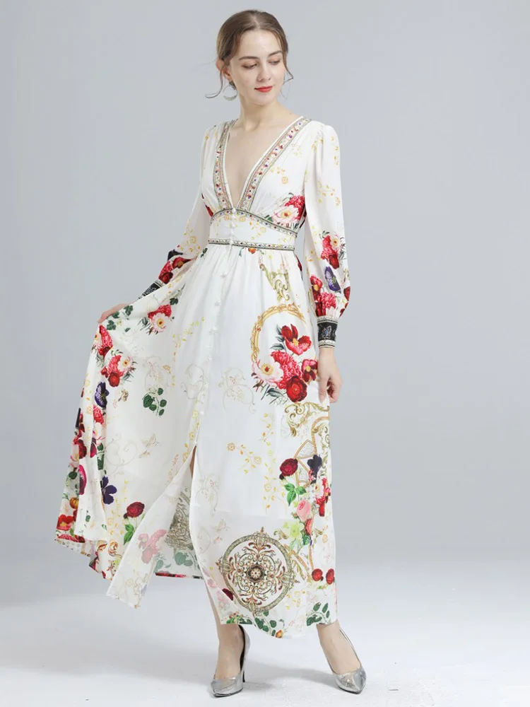 

JUNLINNA Summer Fashion Runway Elegant Maxi Dress Women Deep V Neck Print Boho Holiday Party Long Vestidos Sliming Wear