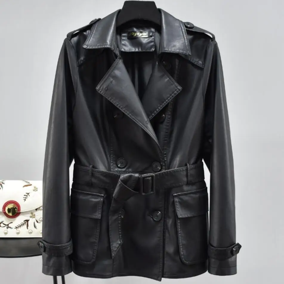 

2020 spring autumn fashion pu leather jacket women double breasted belted short Motorcycle coat plus size 3XL