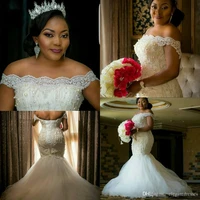 bateau off the shoulder lace mermaid wedding dresses sweep train bridal gowns plus size african style pearls bridal gowns
