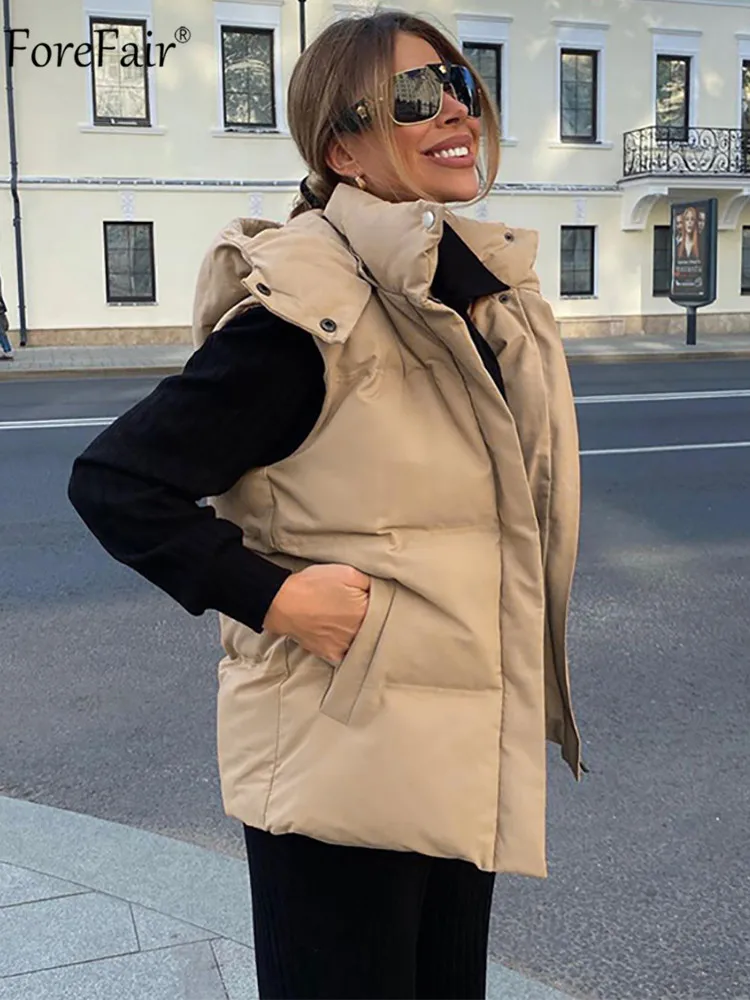 

Forefair Autumn Winter Black Vest Jackets Parkas Women Sleeveless Loose Khaki Waistcoat 2021 Casual Padded Coat Warm Outwear