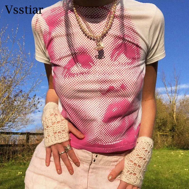 

Vsstiar Tie Dye Shirt Short Sleeve Casual Portrait Print Crop Top Y2K Fashion Streetwear O Neck Sheath Women Summer T-Shirt Tees