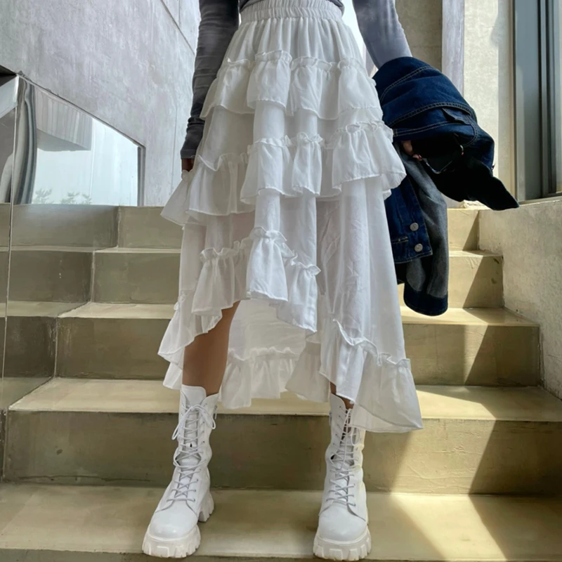 

Summer High Waisted Asymmetrical Folds Ruffle Women Skirts New A-line Midi Long Skirts Lolita Korean Patchwork Cake Skirt Female