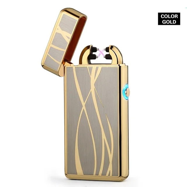 Gold Line Двойные электронные дуги прикуривателя USB металла Перезаряжаемые Ветрозащитный Непламено Электрический зажигалки плазмы с Дисплей свет зажигалка зажигалка usb - Цвет: Gold Line