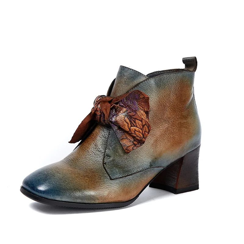 Johnature 2021 New Spring Platform Boots Women Shoes Retro Round Toe Genuine Leather Zip Square Heel Butterfly-knot Ankle | Обувь