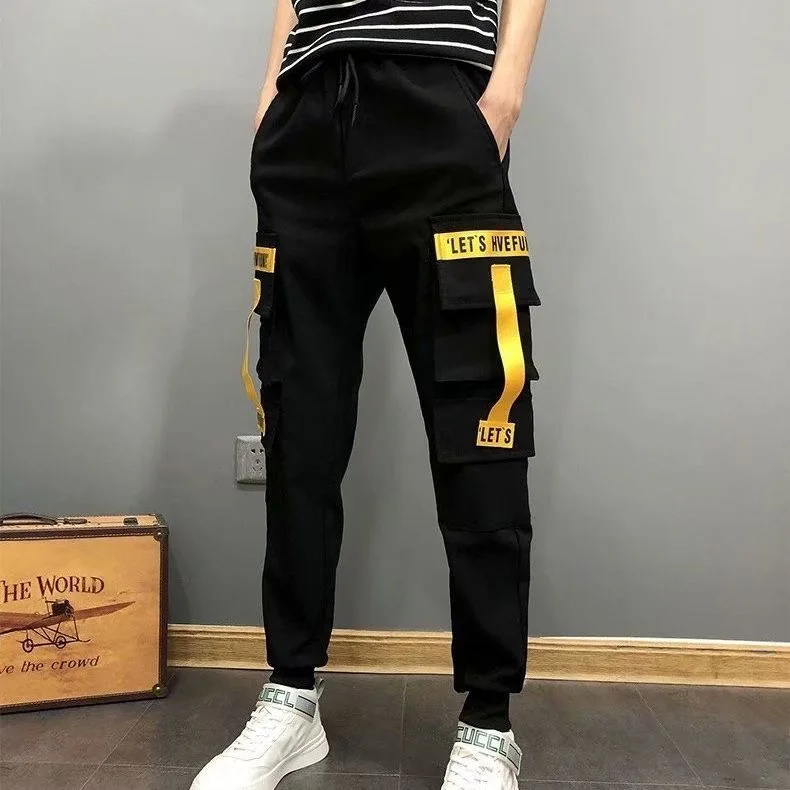 New Men Cargo Pants Black Ribbons Block Multi-Pocket Harem Joggers Harajuku Sweatpant Hip Hop Casual Tide Male Trousers | Мужская одежда