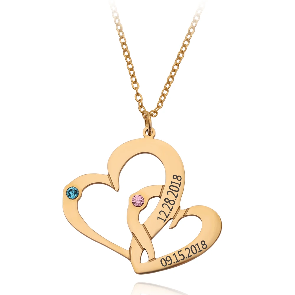 Персонализированные Двойное сердце ожерелье резное имя с счастливым кулон