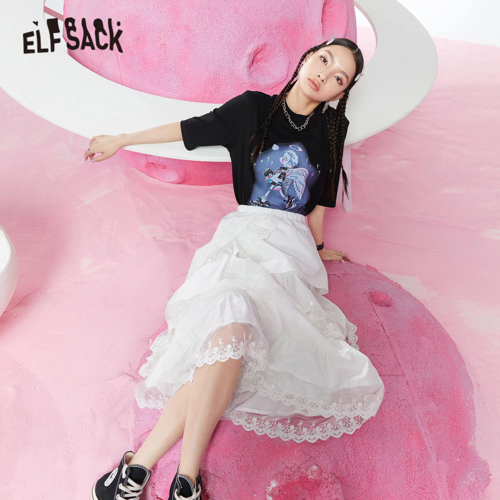 ELFSACK Solid Pure Contrast Lace High Waist Casual Women Midi Skirts,2021 Spring ELF Vintage,Korean Ladies Multi-Layered Bottom