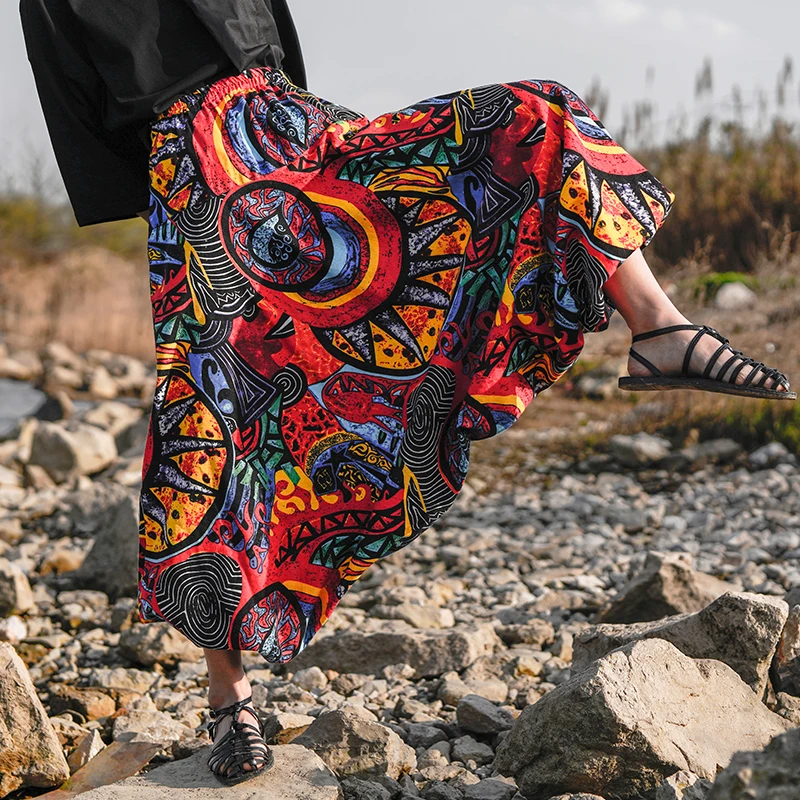 

SuperAen Cotton and Linen Color Plus Size Print Bloomers Casual Baggy Yoga National Style Harem Pants Women