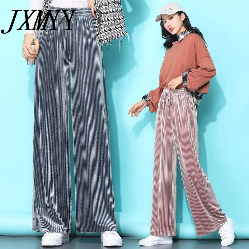 

JXMYY, Новинка осени 2021, золотистые бархатные широкие брюки, женские драпированные брюки, прямые повседневные брюки с высокой талией