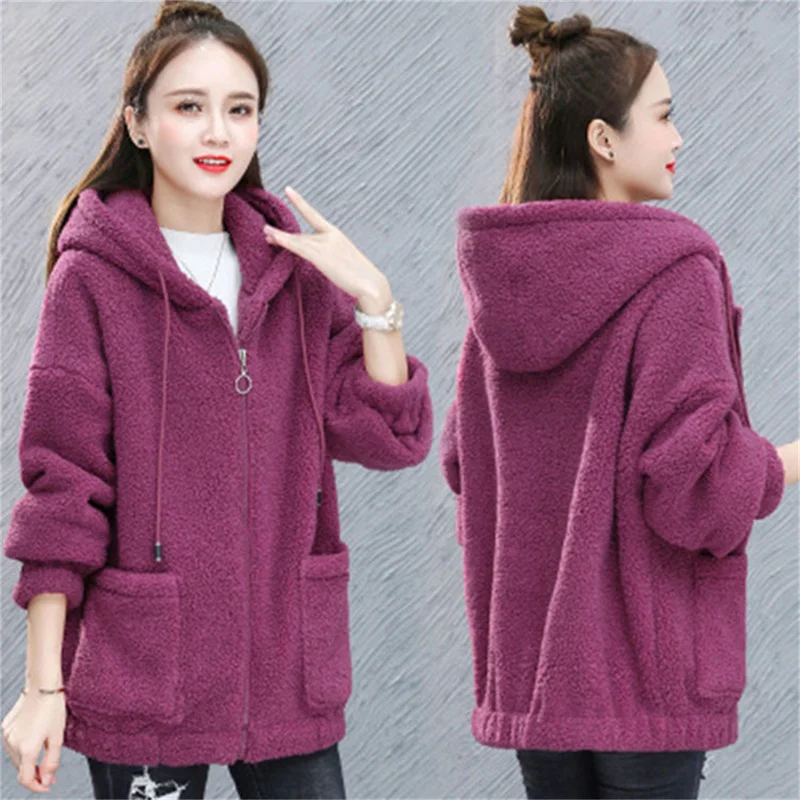 

Thick Warm Lamb Coat Women Plus Size Hooded Outerwear Zipper Cardigan Hoodie