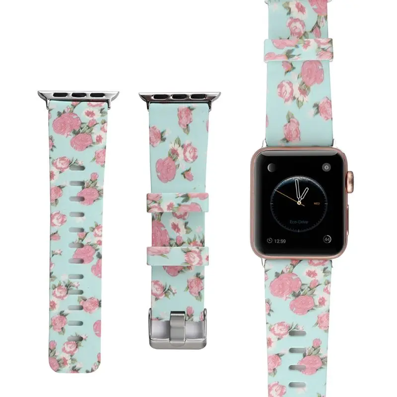 

Soft Silicone Watchband 38mm 42mm For Apple Watch Band 1/2/3/4 Series 40mm 44mm Printing Flower Style Strap For iwatch Bracelet