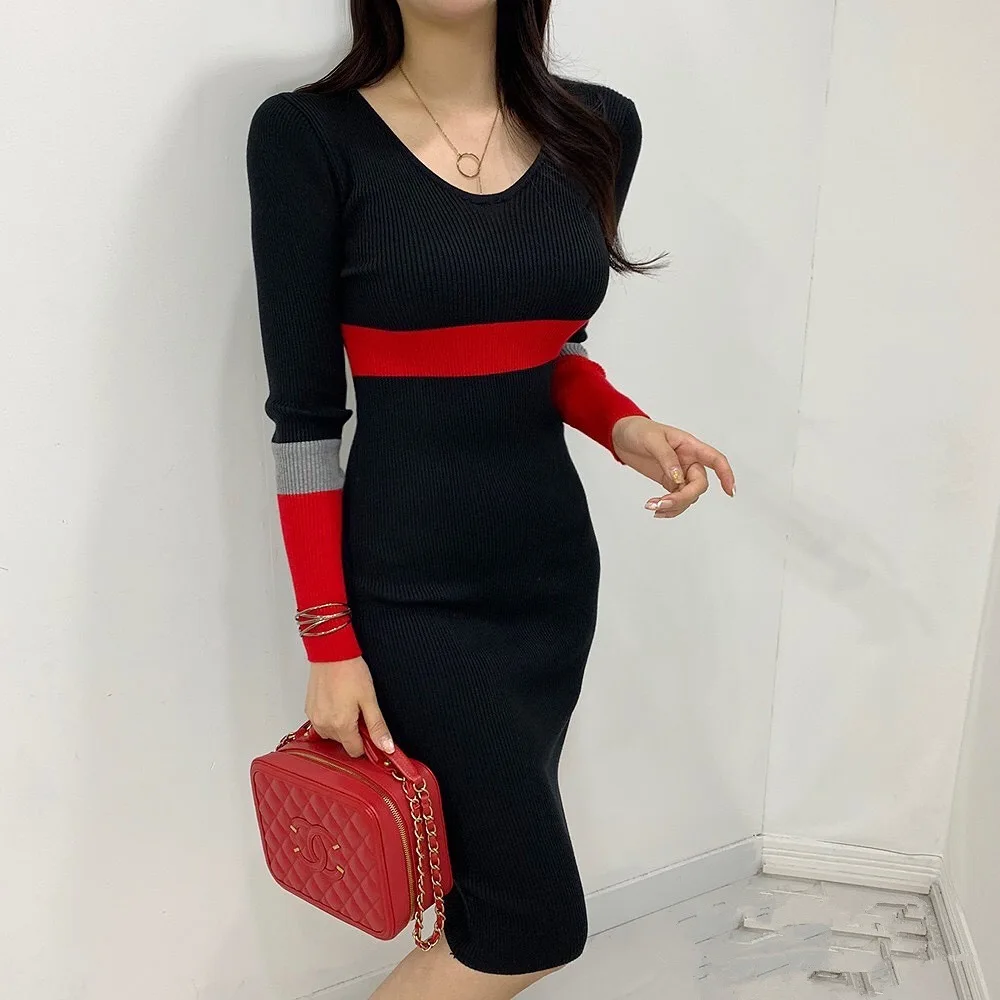 

Winter New Han Edition Light Ripe Wind Elegant Color Stitching V-neck Bump Knitted Dress