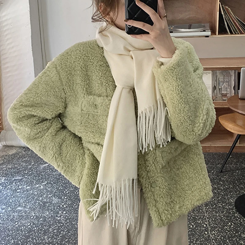 

Korean Style O-Neck Long Sleeve Faux Fur Woman Winter Imitation Lamb Short Coat Women Autumn Fashion Casual White Top Ladies