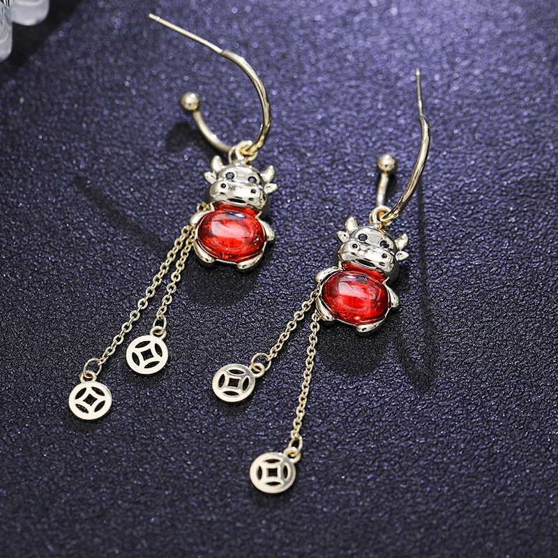 

Linmouge 2021 Happy New Year Cartoon Cow Earrings For Women Long Tassel Pendant Metal Fine Female Luxury Trendy Jewelry EF97