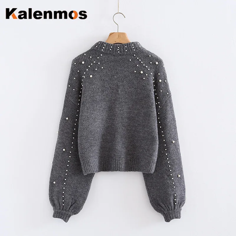Thicker Autumn Winter Clothes Women Sweater O Neck Beading Lantern Sleeve Knitted Pullover Sweaters Ladies Casual Bottom Tops | Женская
