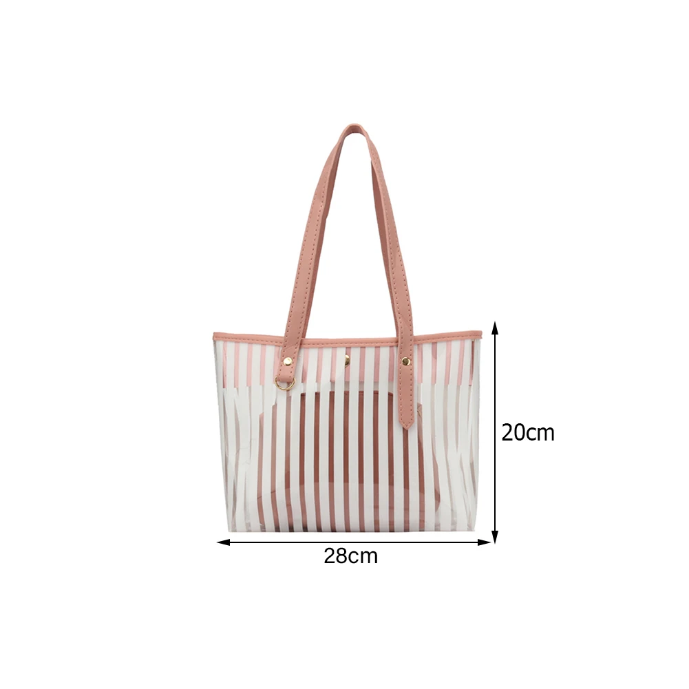 

Summer Women Stripes Print Shoulder Bag Transparent 2pcs Composite Bags Female PVC Beach Bag Girls Small Handbag And Purses