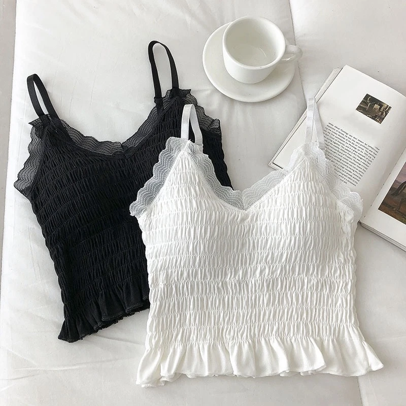 

Sexy Women Folds V-Neck Camis Solid Short Style Underwear Comfort Ladies Summer Lace Camisole Lingerie Backless Crop Top Female