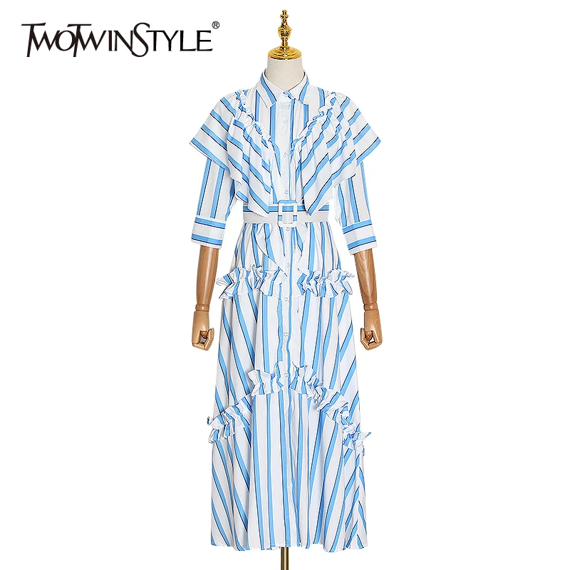 TWOTWINSTYLE полосатый хит Цвет оборками платья женский воротник с лацканами три