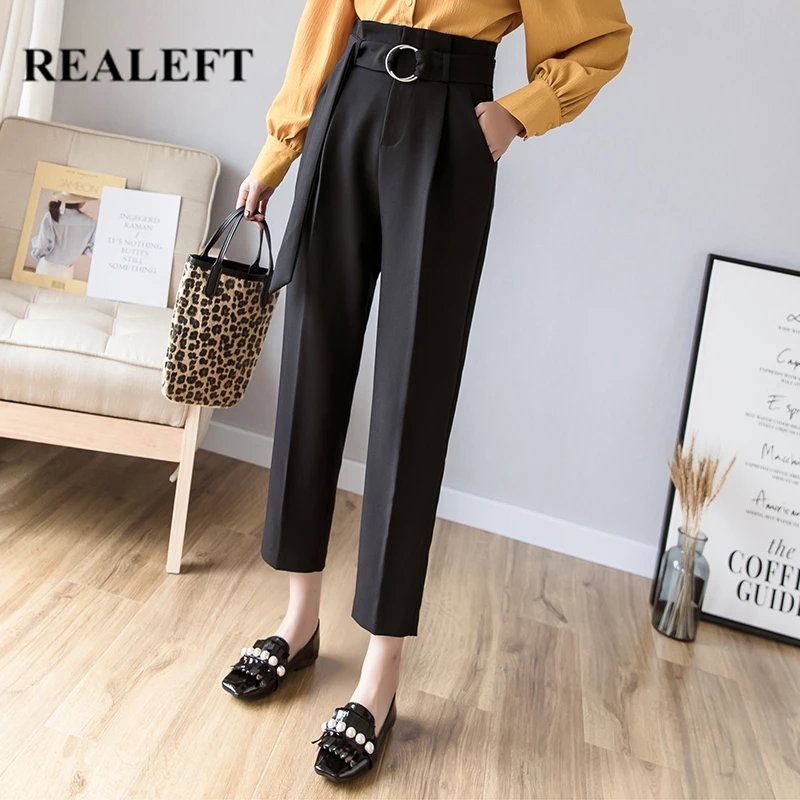 

REALEFT 2021 New Spring Korean OL Style Women Formal Harem Pants with Belt High Waist Elegant Office Lady Ankle-Length Pants