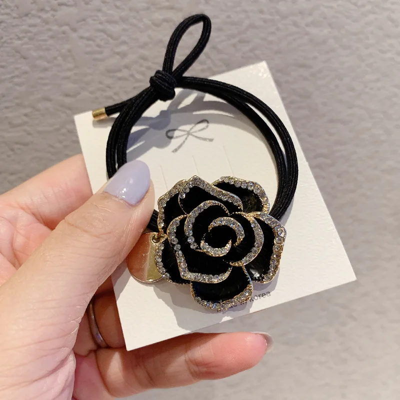 

Rhinestone Flower Elastic Hair Bands Camellia Headdress Pearl Floral Metal Rose Hair Accessories Hair Ties Scrunchies Wholesale
