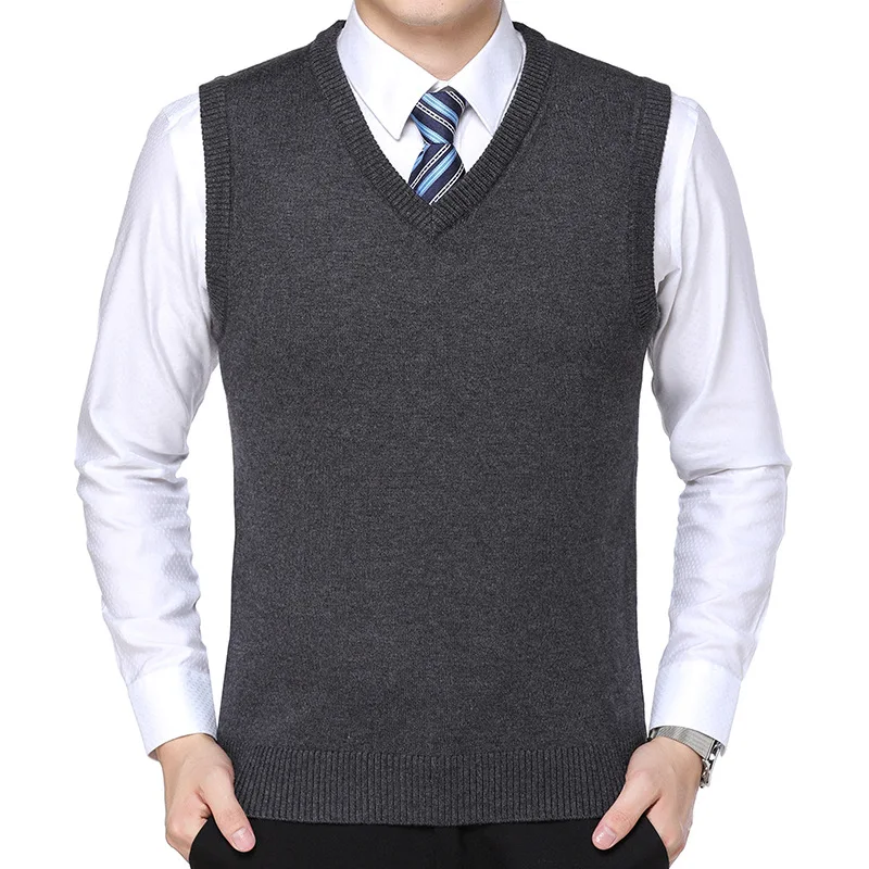 

Men Clothes Solid Color Autumn Winter Warm Wool Pullover Classic Casual V-Neck Male Sleeveless Vest Sweaters Black Red Grey