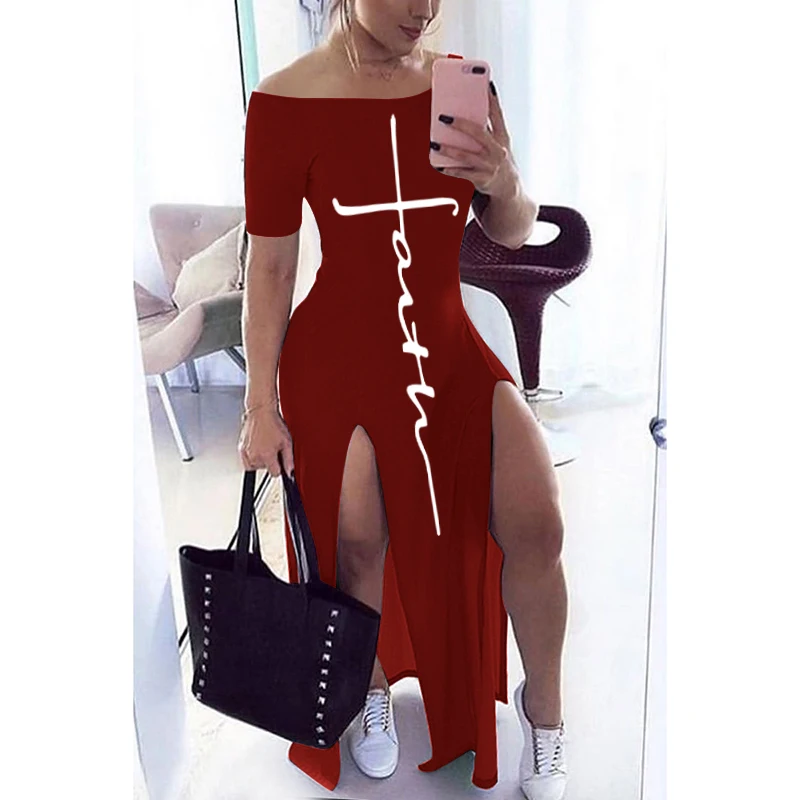 

Letter Pattern Off Shoulder Split Maxi Dress Women Fall Winter 2020 Short Sleeve Sheath Casual Fashion Sexy Club Long Dresses