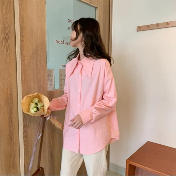 

2021 New Female Solid Color Pointed Collar Blouses Women's Autumn Korean Chic Loose Long Sleeve Single Breasted Shirt Tops Q341