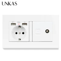 unkas pc plastic eu standard electric socket with dual usb port rj45 internet computer jack and television tv power outlet