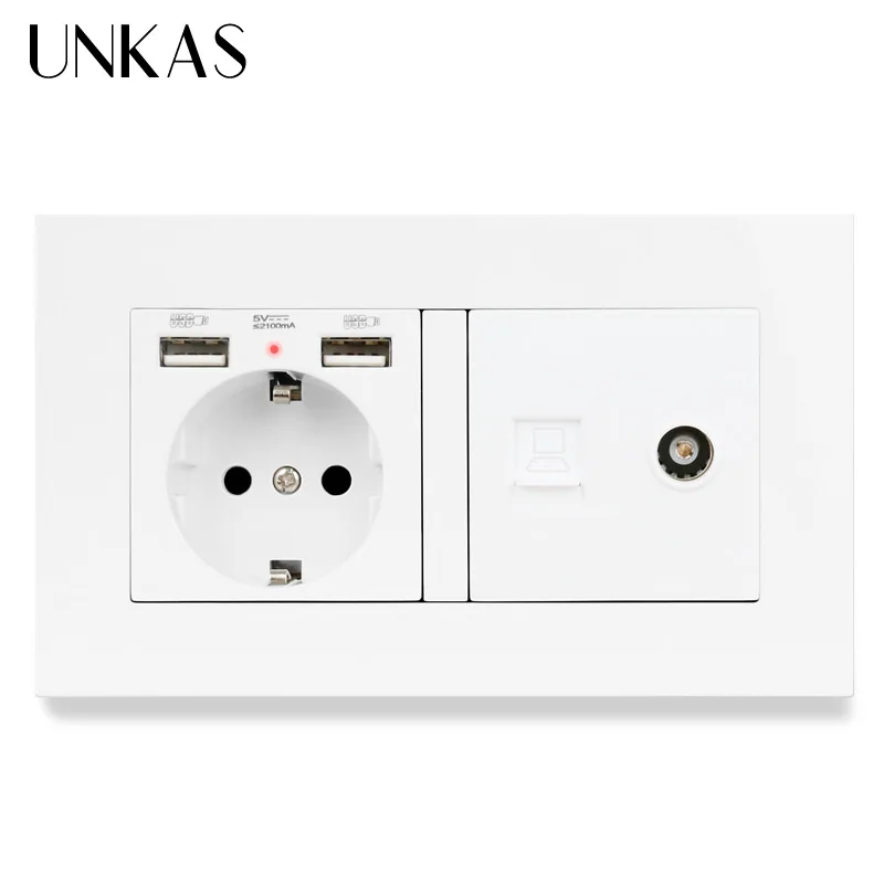 Электрическая розетка UNKAS пластиковая европейского стандарта с двумя USB-портами