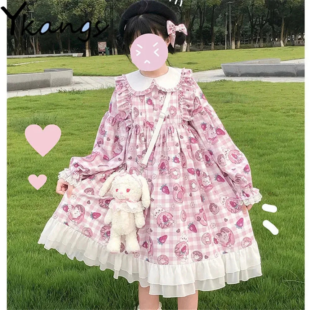 

Оборками и принтом в виде Клубнички и кружево Kawaii; Новая коллекция в стиле Лолиты; Кукольное платье принцессы с воротником с пышными рукавам...