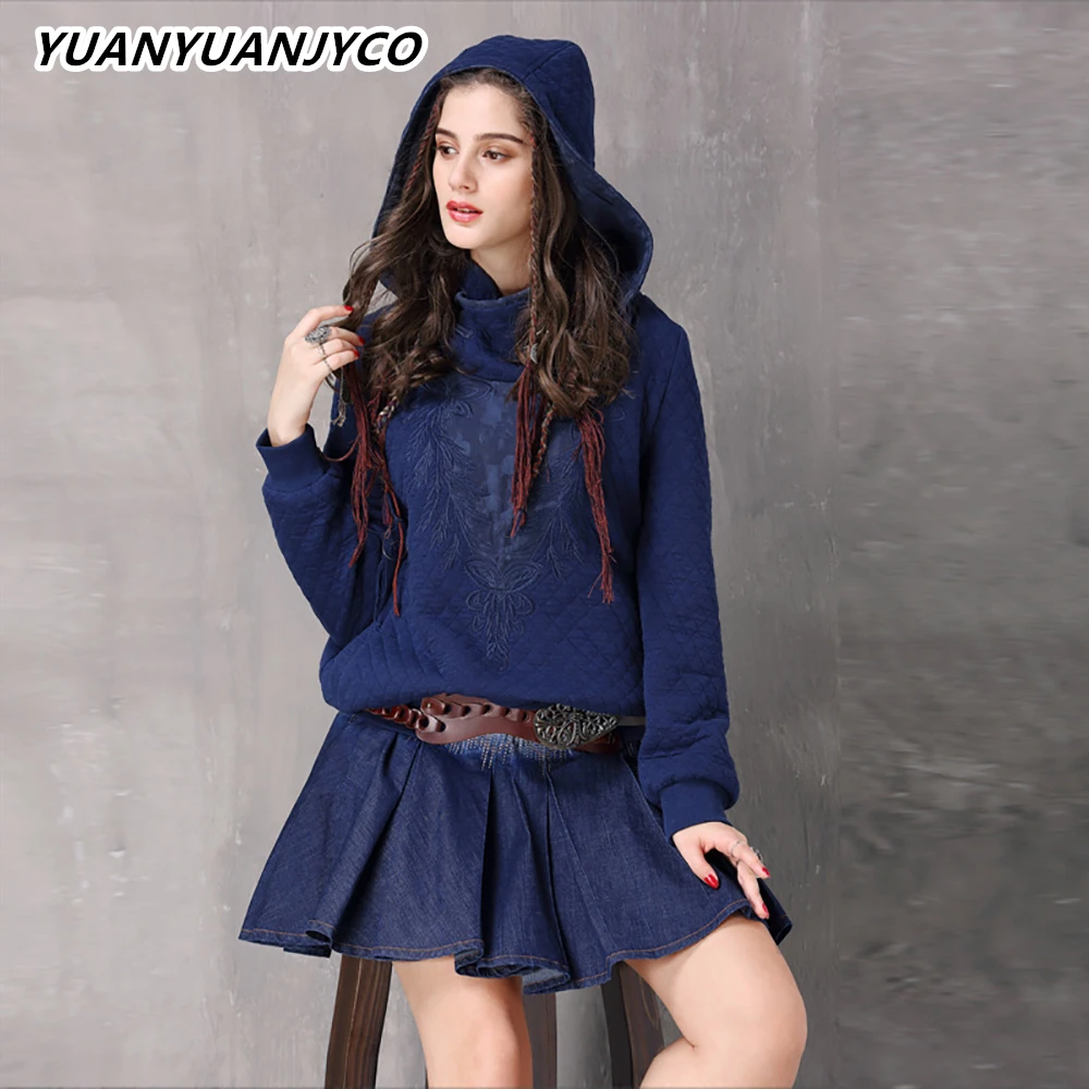 

YUANYUANJYCO Autumn Sping Women Regular Length Indie Folk Cotton Hoodies WYMS2 Vintage Elegant Embroidery Floral Clothes