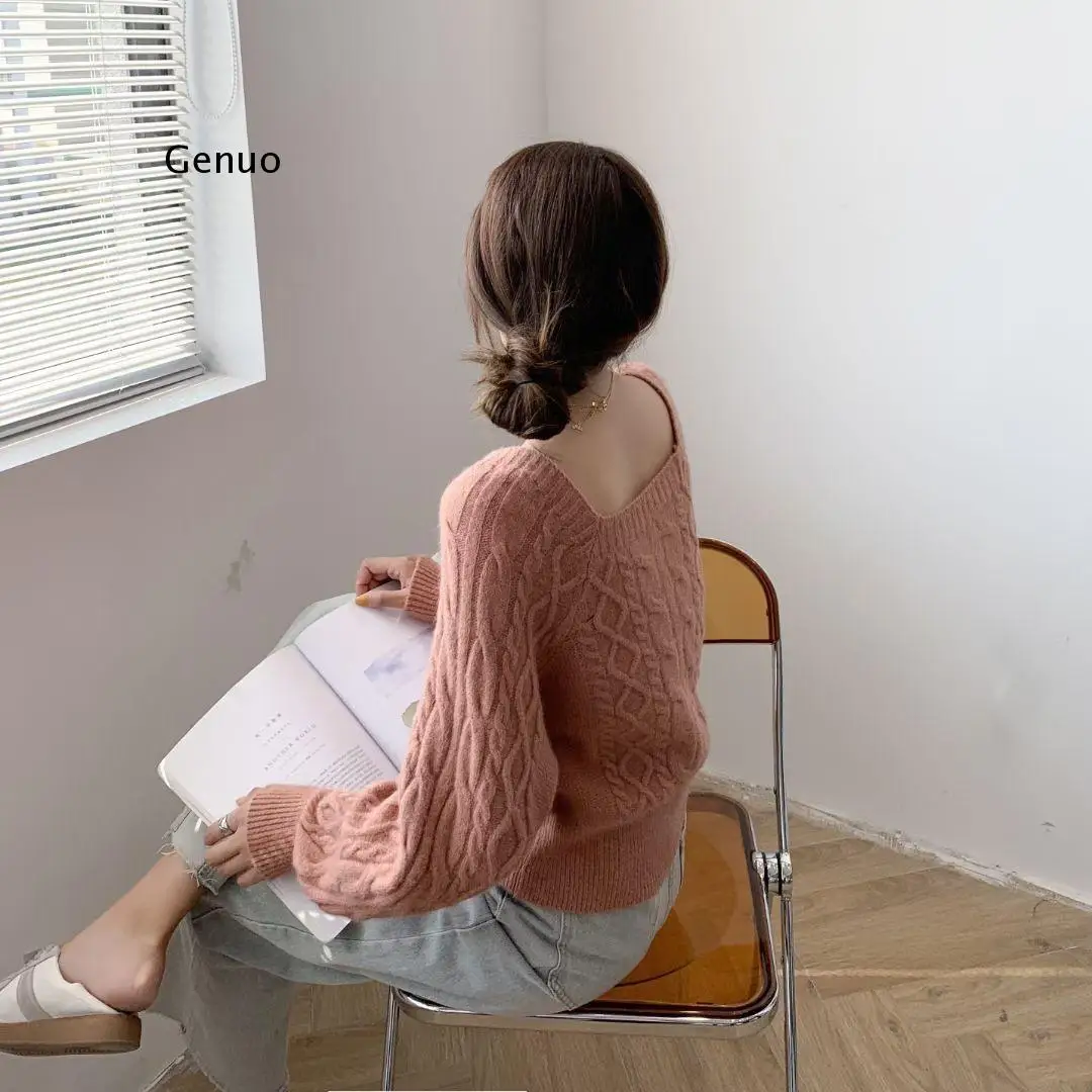 

Korean Tops Sweaters Fall 2021 Women Square Collar Knitted Cropped Pullovers Lantern Sleeve Woman Sweater Pull Femme