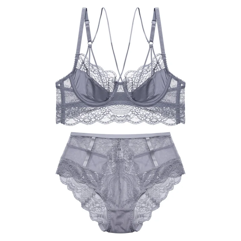 Grey Bra Set Ультратонкий Женский комплект с бюстгальтером, пуш-ап, сексуальный бюстгальтер с ремешками, кружевная отделка, на косточках, без подкладки, с высокой посадкой, трусики, нижнее белье для женщин - Цвет: Grey Bra Set