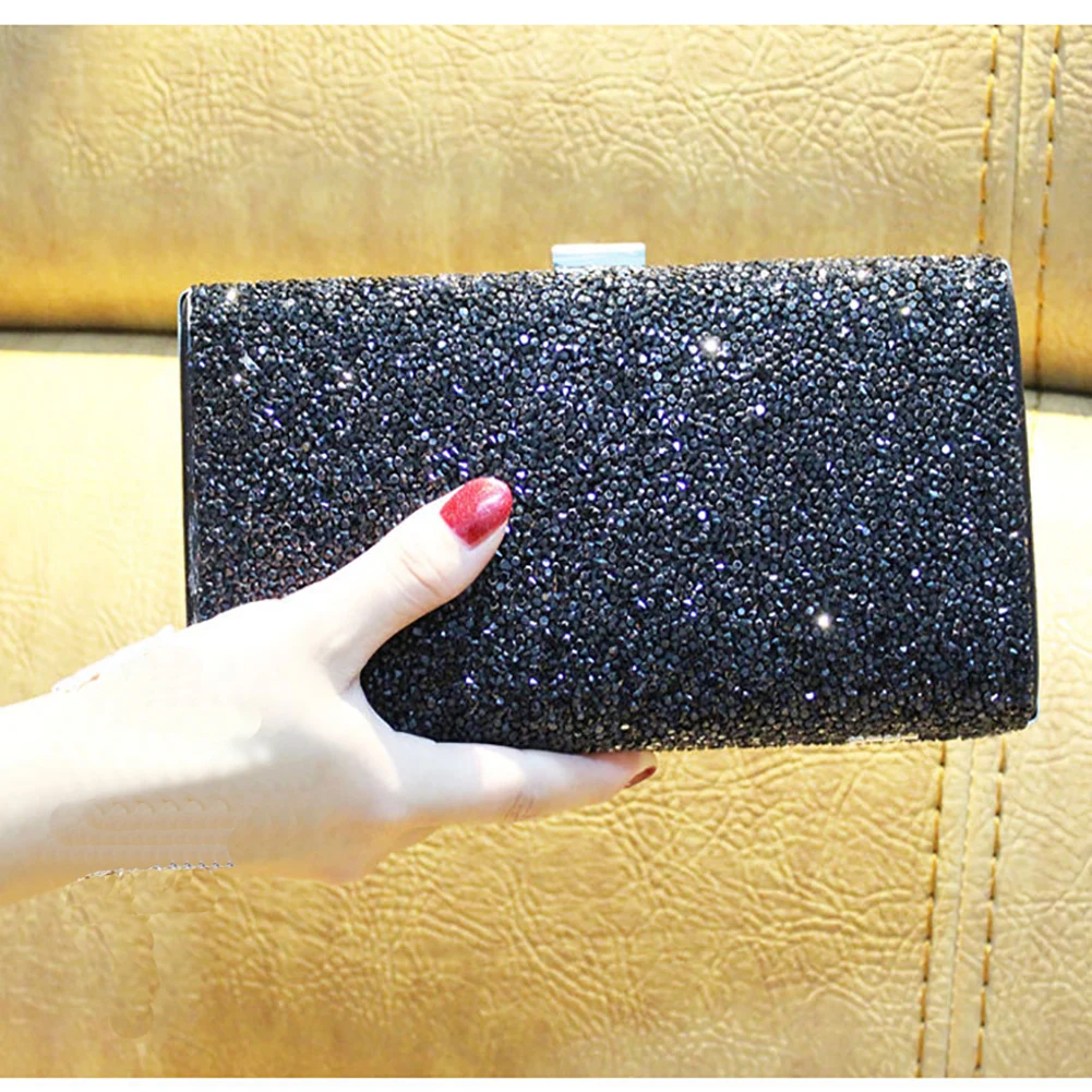 

Women Carrying Clutch Bag Hasp Universal Storage With Chain Polyester Wedding Gift Solid Shiny Evening Party Purse Diamante