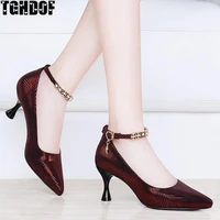 tghdof 2022 new fashionable mid heel shoes womens pointed buckle stiletto shoes patent leather party office ladies shoes 34 39