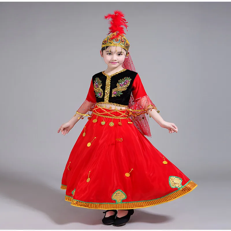 Красный Синьцзян уйгурские этнические танцевальные костюмы для девочек