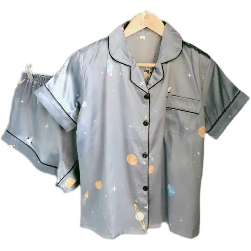 2021 New Summer Ice Silk Women's Pajamas Set Short Sleeve Nightwear Lapel Cardigan Suit Silk Home Clothes Sleep Wear Sleepwear