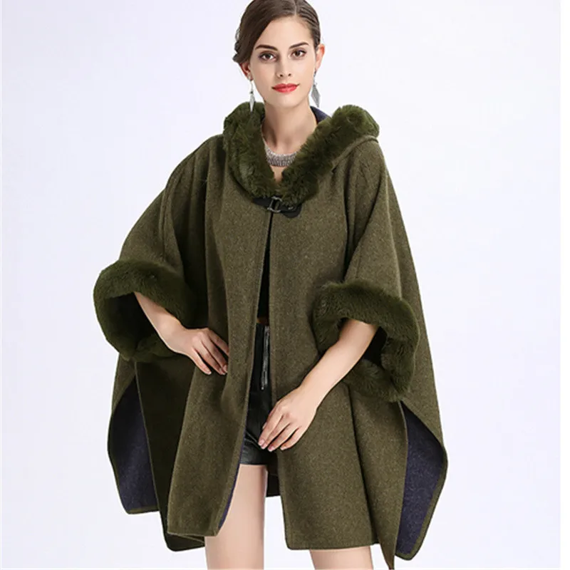2020 Hooded Cardigan Poncho Capes Women Winter Cloak Long Woolen Coat Cape Warm Faux Rabbit Fur Collar S444 |