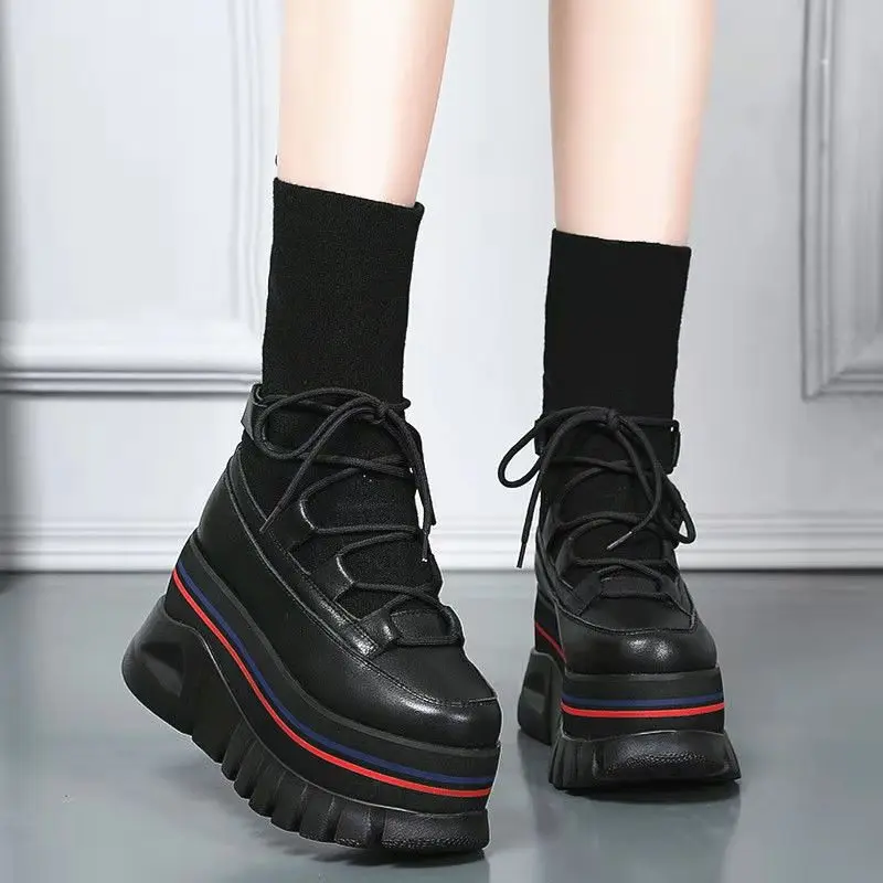 

Women's Boots In Winter Increased Thick Soled Muffin Short Boots Showed Thin Elastic Socks Boots Black White Platform Boots